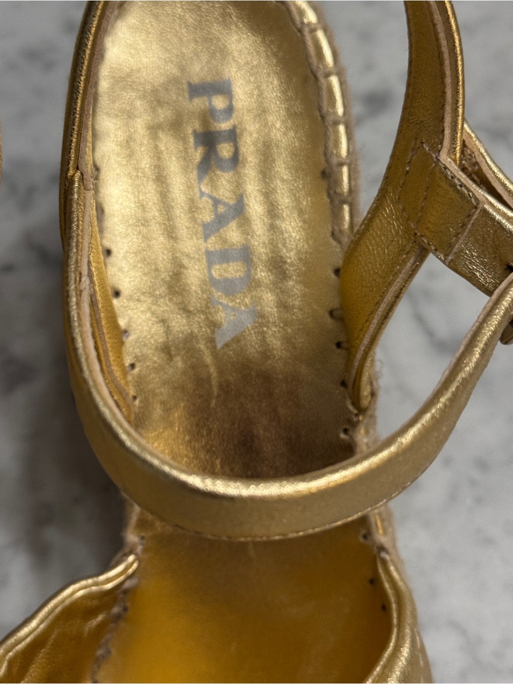 Prada Metallic Gold Leather Espadrille Wedge Sandals - Picture 2 of 7